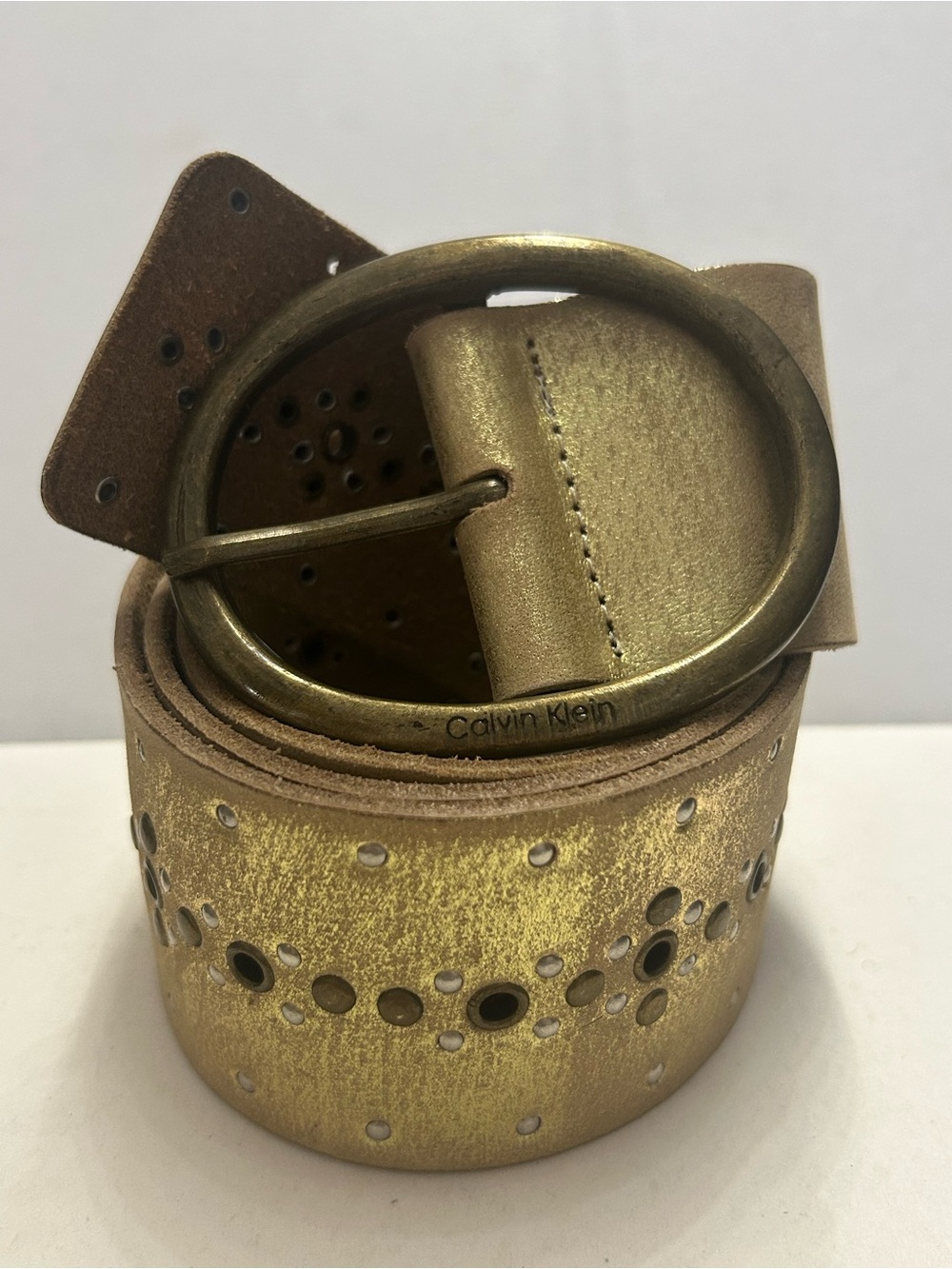 Calvin Klein Metallic Leather Belt Gold Perforated Studded Wide